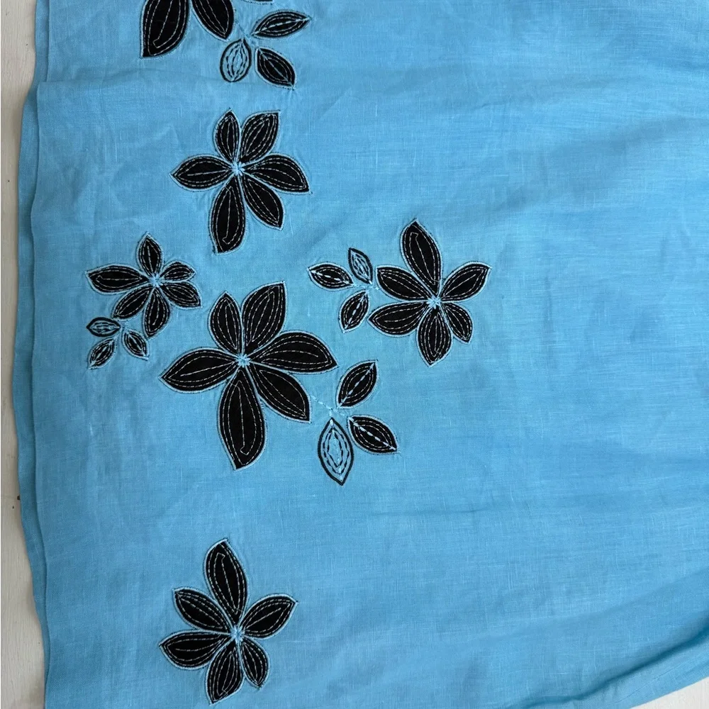 Madison Studio Women’s 100% Linen Teal Turquoise Blue Skirt Embroidered Floral